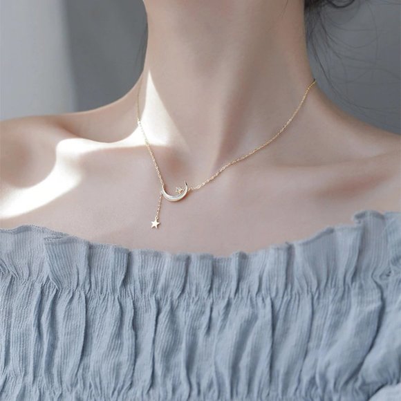 NEW Gold/925 Sterling Silver Moon Star Necklace A - Picture 2 of 7